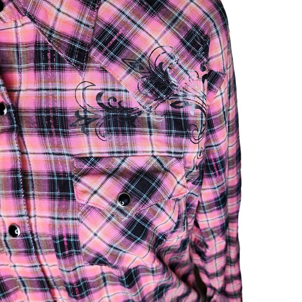 Wrangler Long Sleeve Snap Plaid Shirt Womens Size M Pink Western Cowboy - Picture 2 of 10